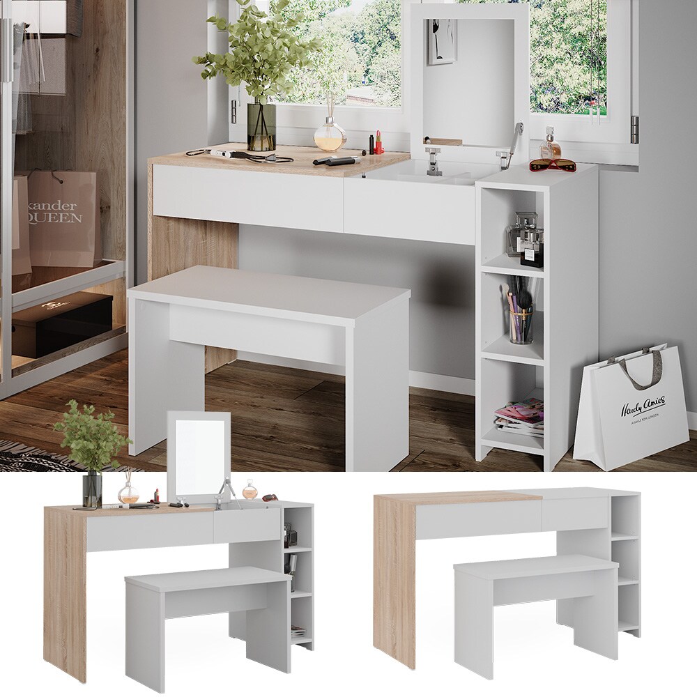 Vicco Schminktisch Kira, 129 x 76 cm, Wei&szlig; Sonoma, Frisiertisch, Spiegel, Bank, modern - Bild 1