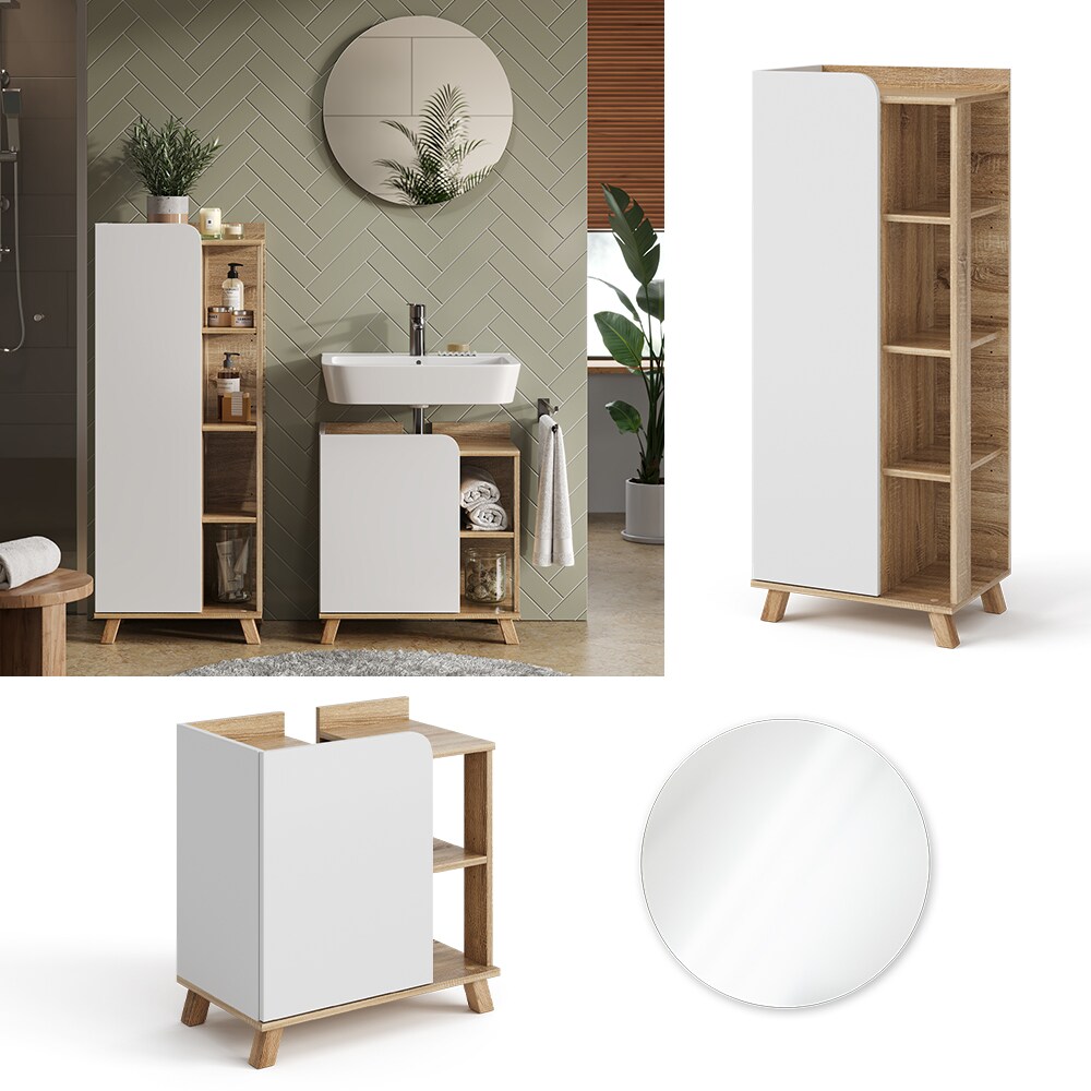 Vicco Badmöbel-Set Karen, Sonoma Weiß, moderne Badezimmerserie, 2 Farben, Waschtischunterschrank, Badspiegel, Midischrank