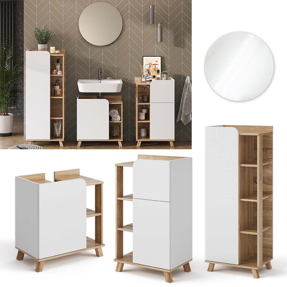 Vicco Badmöbel-Set Karen, Sonoma Weiß, moderne Badezimmerserie, 2 Farben, Waschtischunterschrank, Badspiegel; Midischrank, Unterschrank