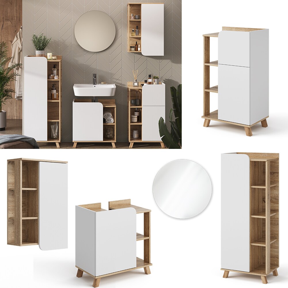 Vicco Badmöbel-Set Karen, Sonoma Weiß, moderne Badezimmerserie, 2 Farben, Waschtischunterschrank, Badspiegel; Midischrank, Unterschrank, Hängeschrank | 04066731336654