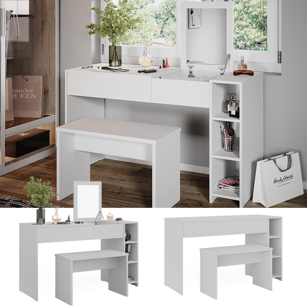Vicco Schminktisch Kira, 129 x 76 cm, Wei&szlig;, Frisiertisch inkl. Spiegel und Bank, modern - Bild 1