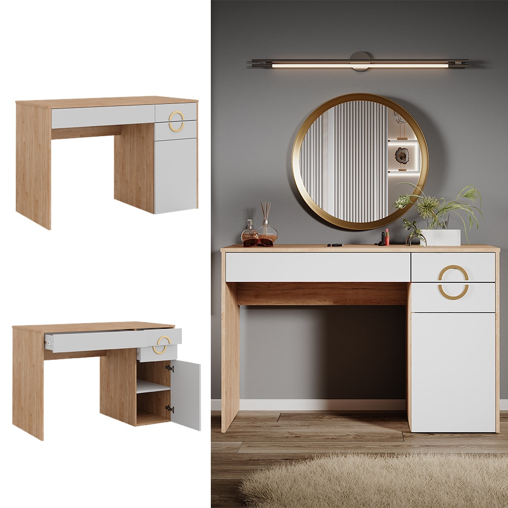 Vicco Schminktisch Adela Natural Rockford Hickory Wei&szlig;, 115 x 76 Frisiertisch - Bild 1