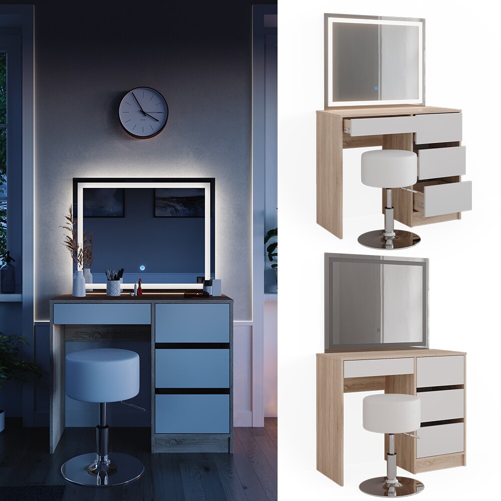 Vicco Schminktisch Sherry Sonoma Wei&szlig; 90 x 75 cm LED-Spiegel & Hocker modern - Bild 1