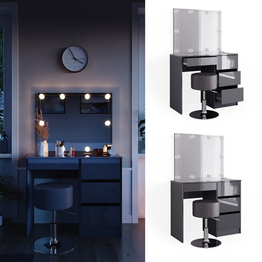 Vicco Schminktisch Sherry Anthrazit Hochglanz, 90 x 75 cm, Spiegel, LED & Hocker - Bild 1