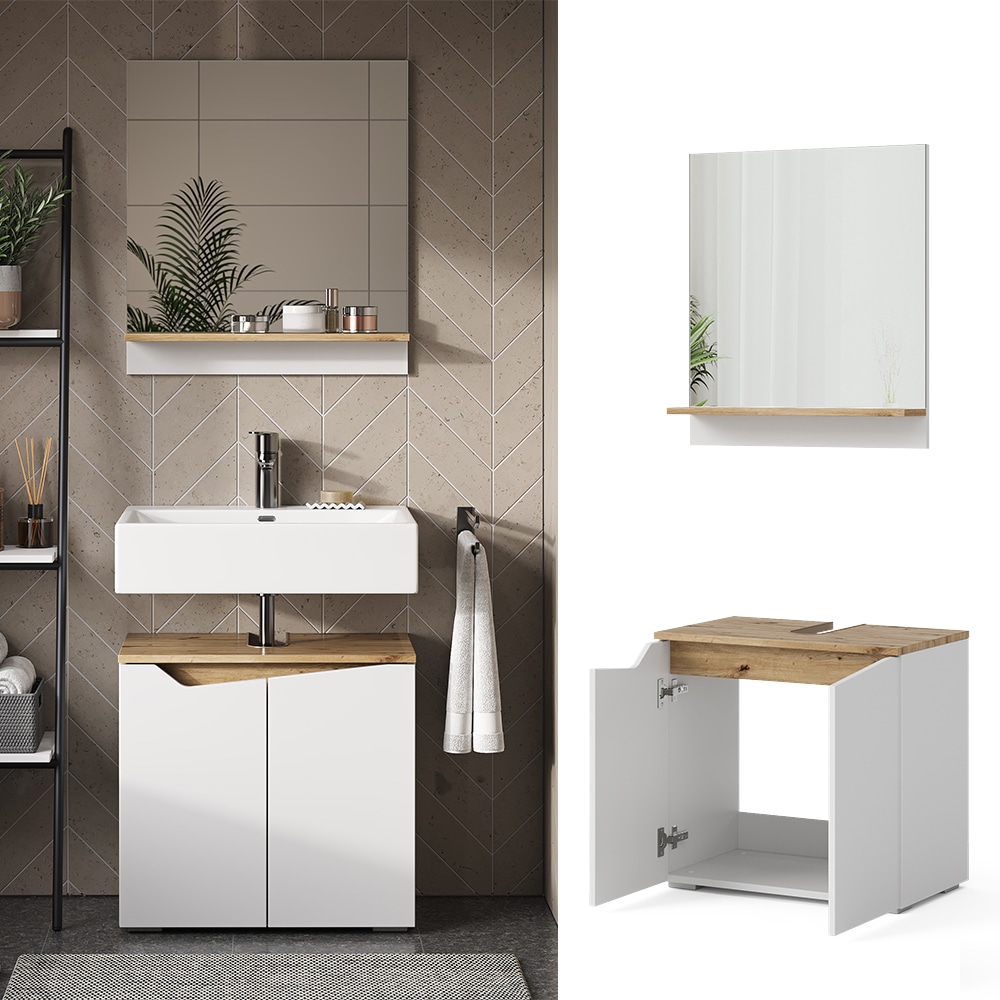 Vicco Badm&ouml;bel-Set Marelle Wei&szlig; Artisan moderne Serie Badezimmer dekorative Front Waschtischunterschrank Badspiegel - Bild 1