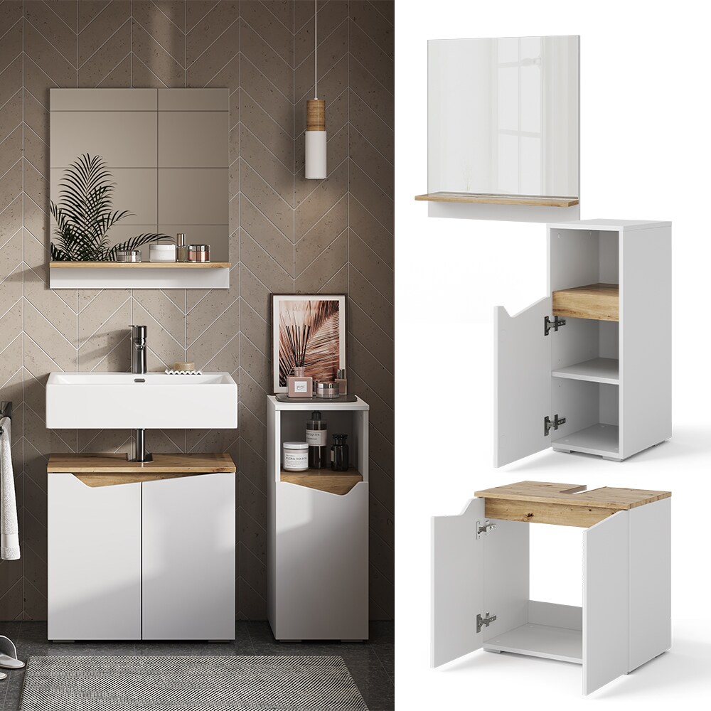 Vicco Badmöbel-Set Marelle Weiß Artisan moderne Serie Badezimmer dekorative Front Waschtischunterschrank Badspiegel Midischrank