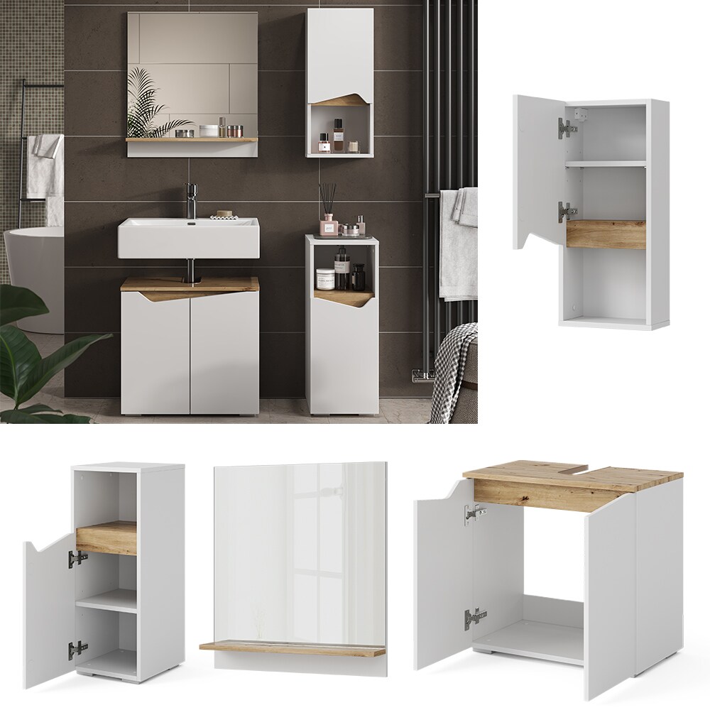 Vicco Badmöbel-Set Marelle Weiß Artisan moderne Serie Badezimmer dekorative Front Waschtischunterschrank Badspiegel Midischrank Hängeschrank