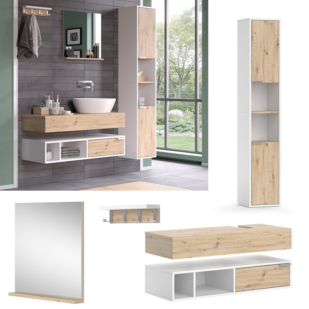 Vicco Badmöbel-Set Henri Weiß Artisan, Badezimmer, moderne Badserie dekorative Front Badspiegel Wandregal Waschtischkonsole Hochschrank | 04066731340552