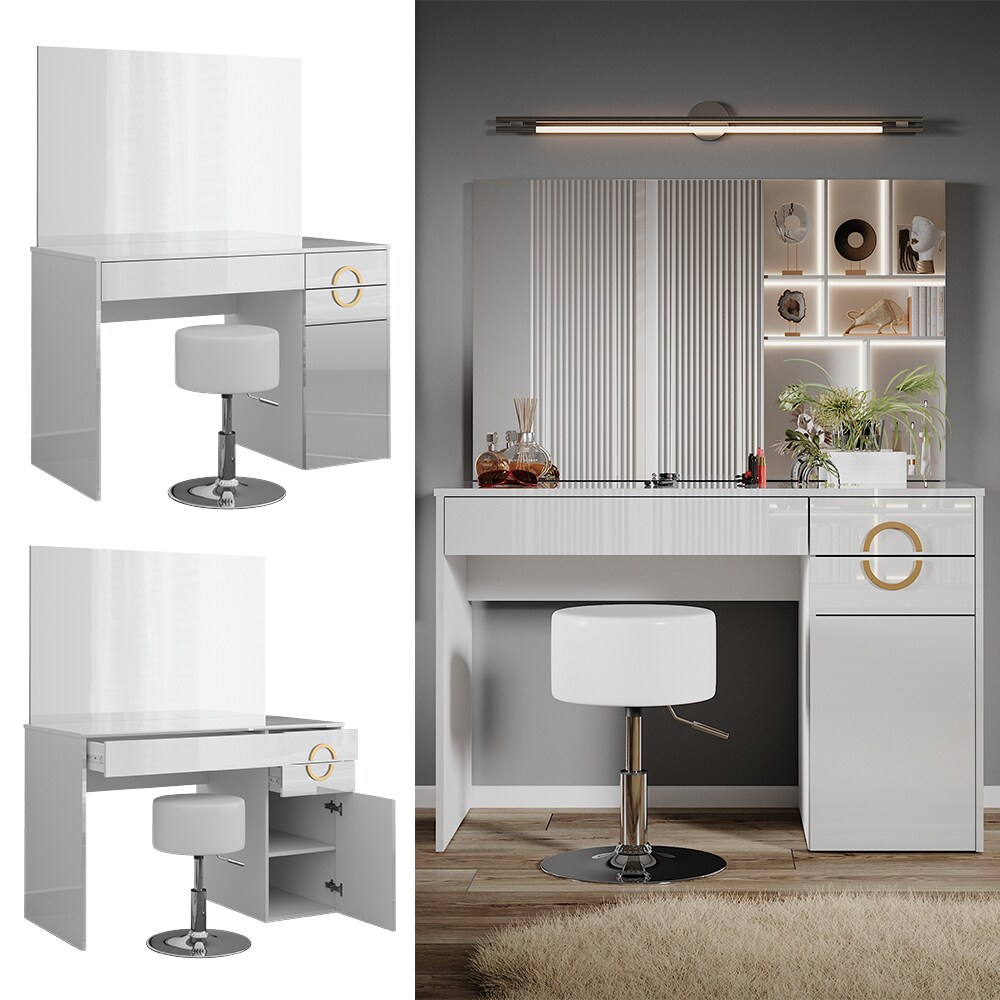 Vicco Schminktisch Adela Weiß Hochglanz, 115 x 76,4 cm mit Spiegel, Hocker | 04066731340590