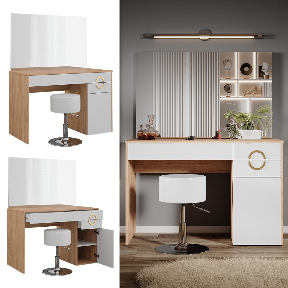 Vicco Schminktisch Adela Natural Rockford Hickory Wei&szlig; 115x76 cm Spiegel, Hocker - Bild 1