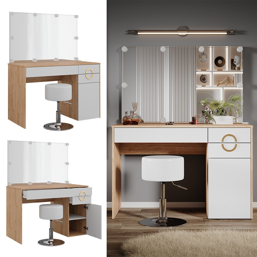 Vicco Schminktisch Adela Natural Rockford Wei&szlig; 115x76 cm Spiegel, LED, Hocker - Bild 1