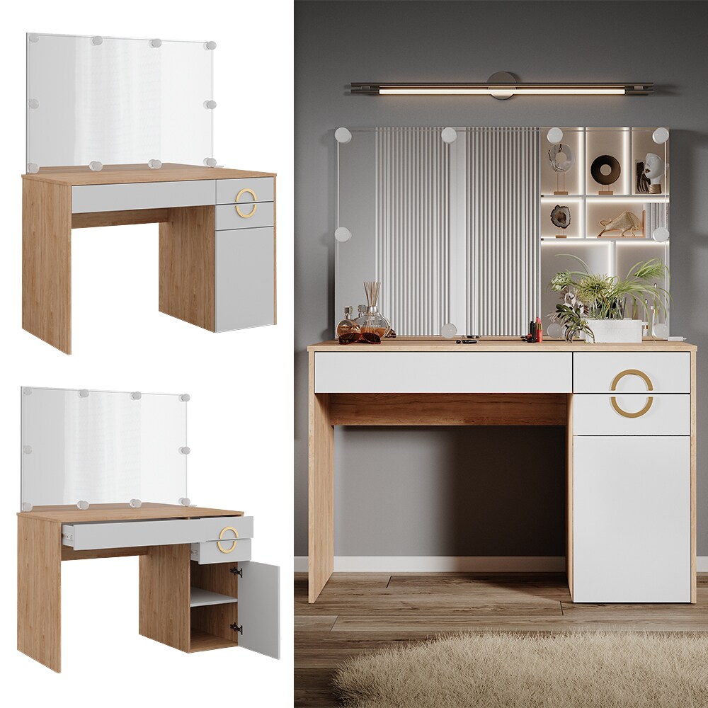 Vicco Schminktisch Adela Natural Rockford Hickory Wei&szlig;, 115 x 76 cm Spiegel, LED - Bild 1