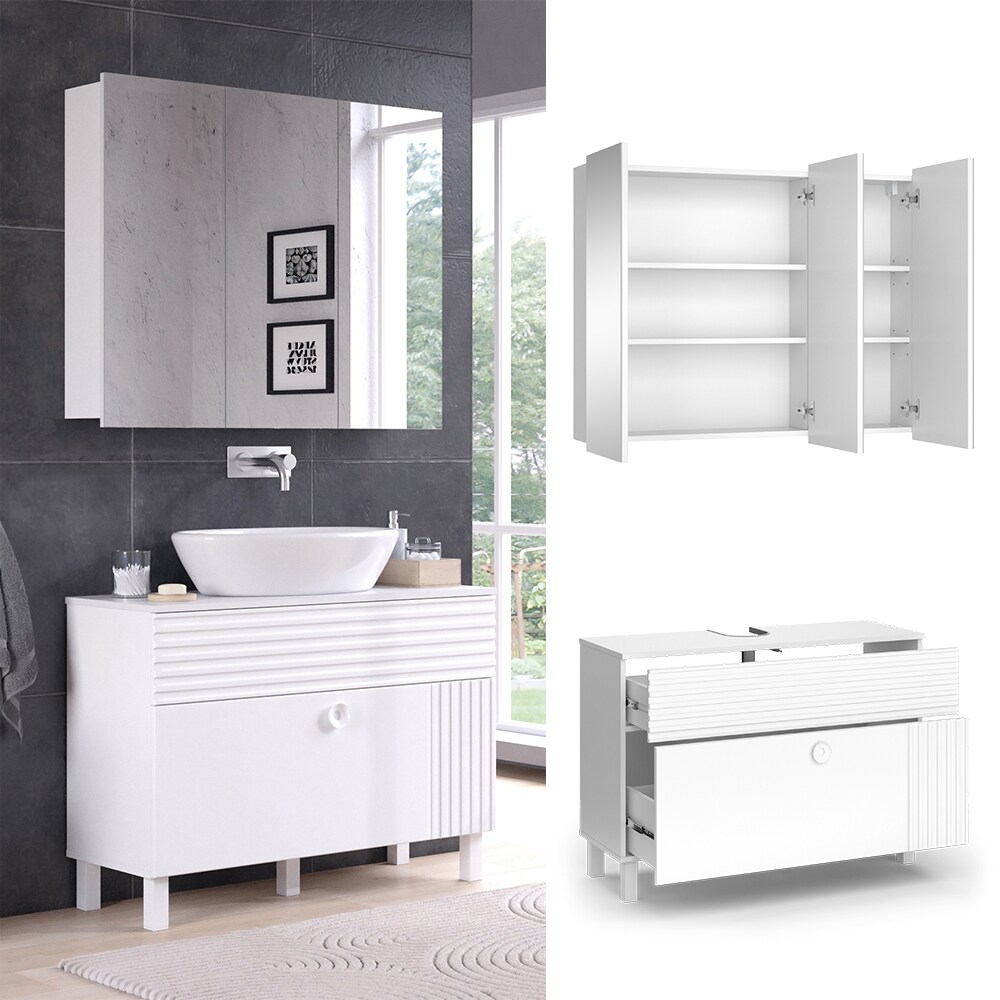 Vicco Badmöbel-Set Sola Weiß matt, moderne Serie, Badezimmer, dekorative Front Waschtischunterschrank Spiegelschrank | 04066731340743