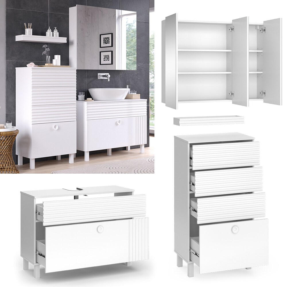 Vicco Badmöbel-Set Sola Weiß matt, moderne Serie, Badezimmer, dekorative Front Waschtischunterschrank Spiegelschrank Midischrank | 04066731340750