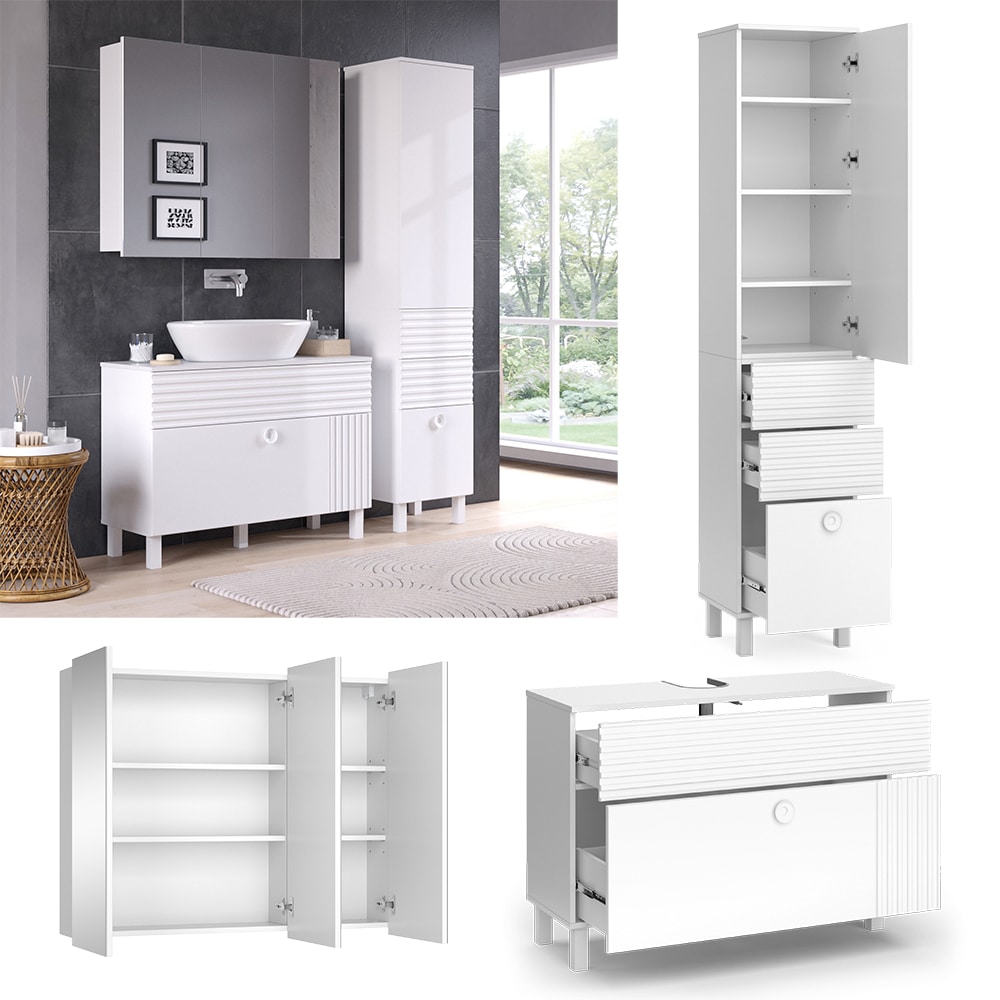 Vicco Badm&ouml;bel-Set Sola Wei&szlig; matt, moderne Serie, Badezimmer, dekorative Front Waschtischunterschrank Spiegelschrank Hochschrank - Bild 1