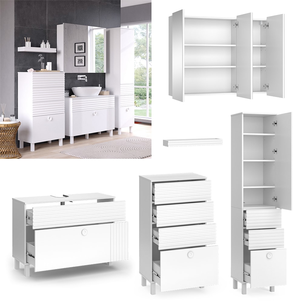 Vicco Badm&ouml;bel-Set Sola Wei&szlig; matt, moderne Serie, Badezimmer, dekorative Front Waschtischunterschrank Spiegelschrank Midischrank Hochschrank - Bild 1