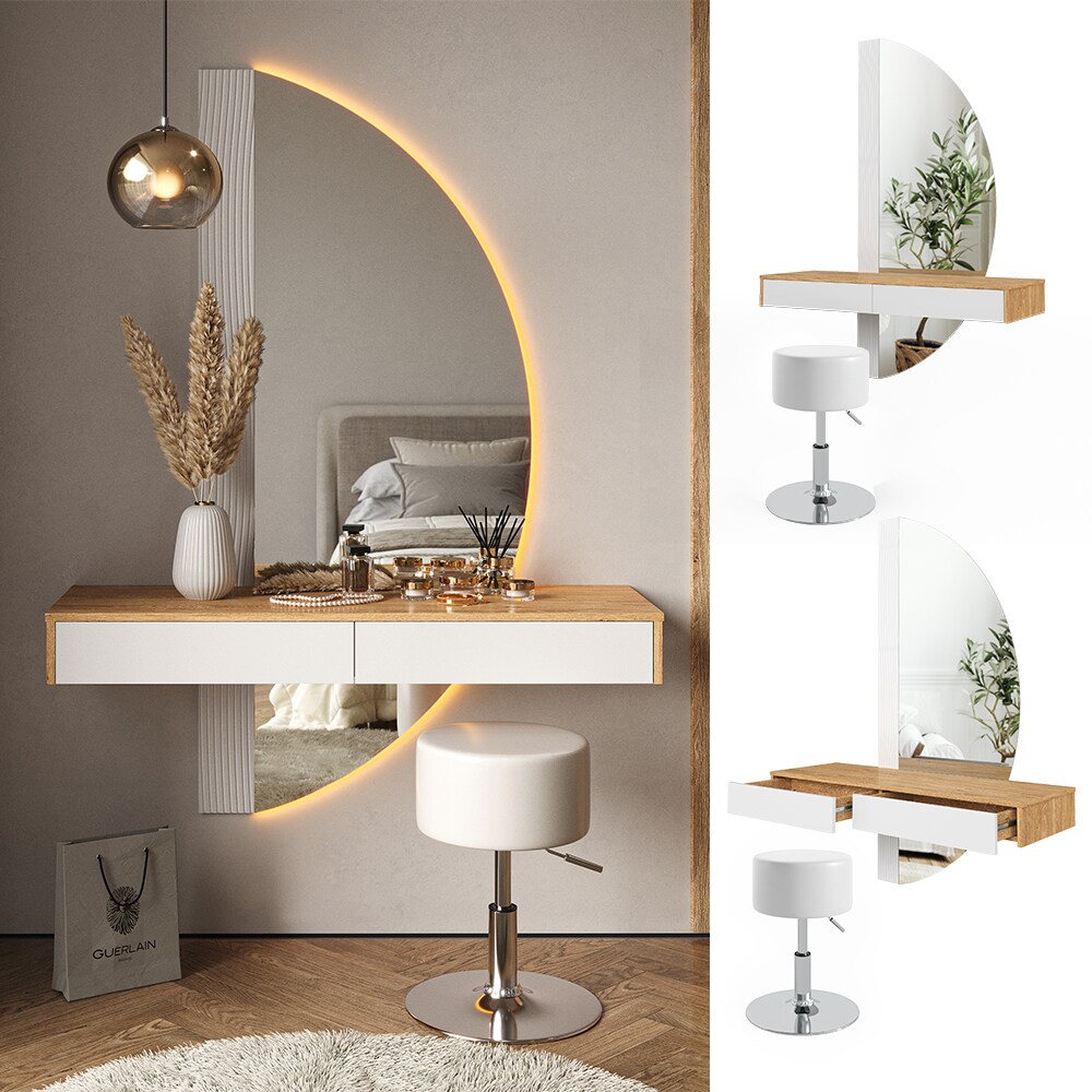 Vicco Schminktisch Melisa mit LED-Spiegel 120 x 161 cm Eiche Wei&szlig; modern Hocker - Bild 1