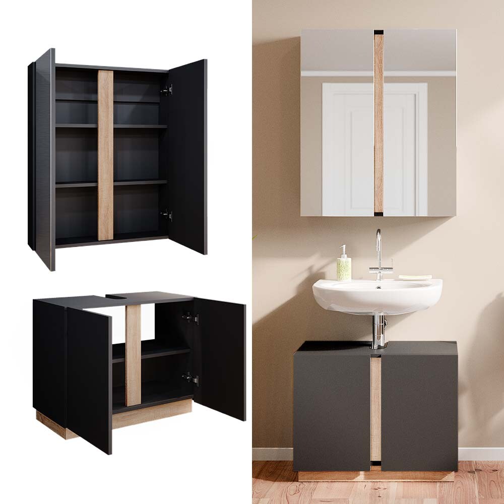 Vicco Badmöbelset Gloria Anthrazit Sonoma modern Badezimmer Spiegelschrank Waschtischunterschrank