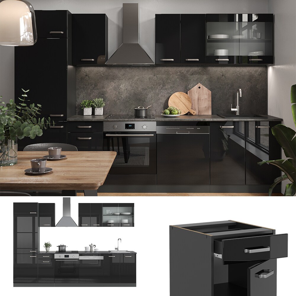 Vicco Küchenzeile R-Line Solid Anthrazit Schwarz 300 cm modern Küchenschränke Küchenmöbel