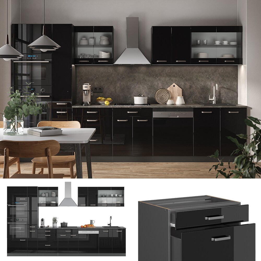 Vicco Küchenzeile R-Line Solid Anthrazit Schwarz 350 cm modern Küchenschränke Küchenmöbel