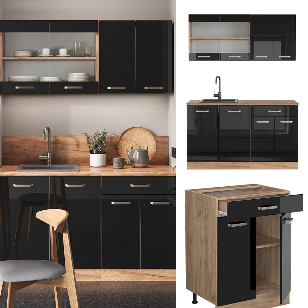 Vicco Küchenzeile R-Line Solid Eiche Schwarz 140 cm modern Küchenschränke Küchenmöbel | 04066731345328
