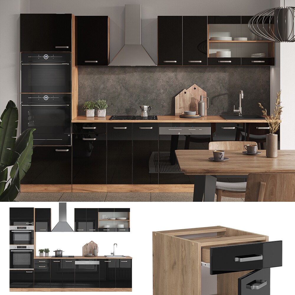 Vicco K&uuml;chenzeile R-Line Solid Eiche Schwarz 300 cm modern K&uuml;chenschr&auml;nke K&uuml;chenm&ouml;bel - Bild 1