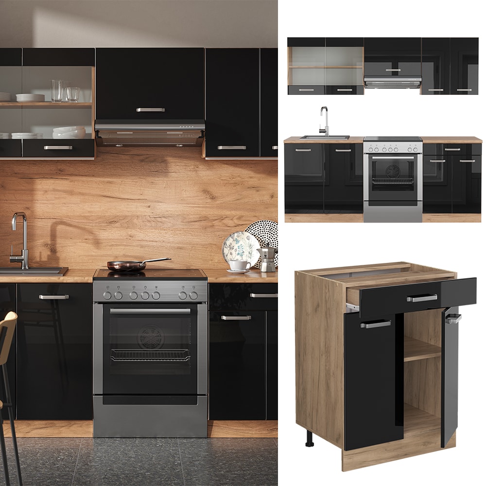 Vicco K&uuml;chenzeile R-Line Solid Eiche Schwarz 200 cm modern K&uuml;chenschr&auml;nke K&uuml;chenm&ouml;bel - Bild 1