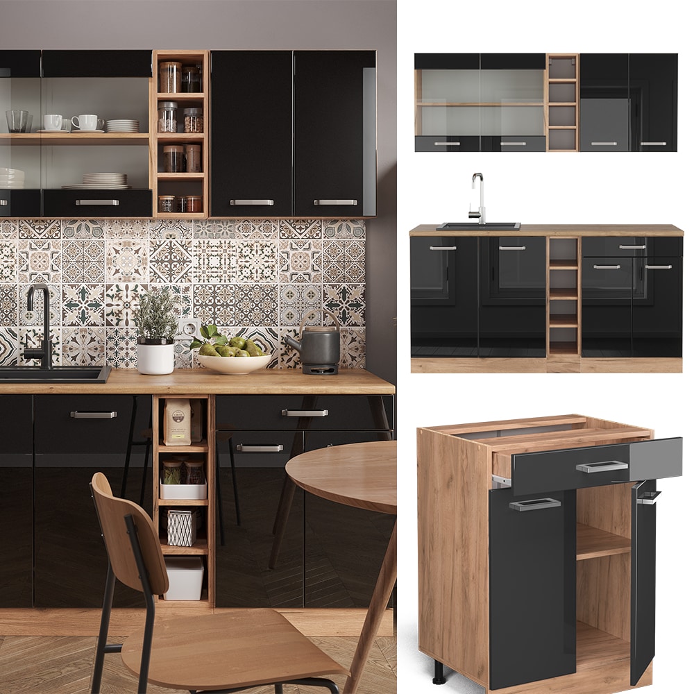 Vicco K&uuml;chenzeile R-Line Solid Eiche Schwarz 160 cm modern K&uuml;chenschr&auml;nke K&uuml;chenm&ouml;bel - Bild 1