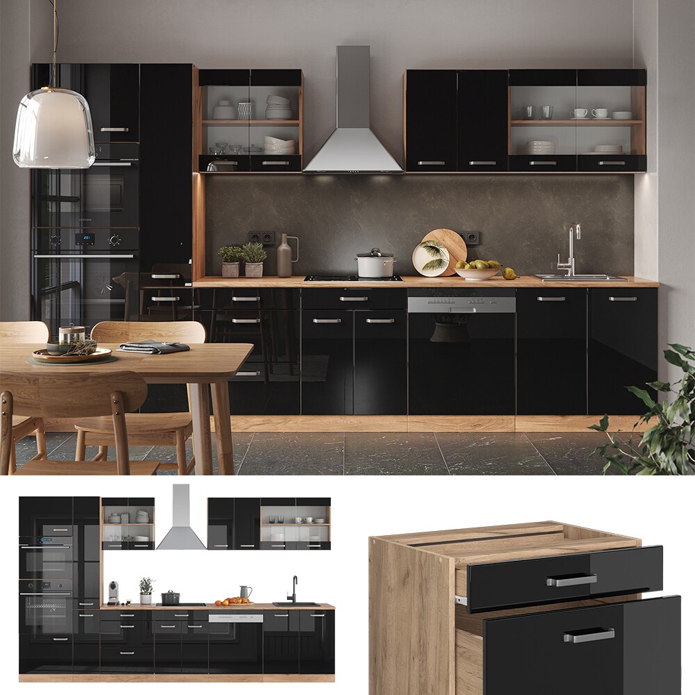 Vicco Küchenzeile R-Line Solid Eiche Schwarz 350 cm modern Küchenschränke Küchenmöbel