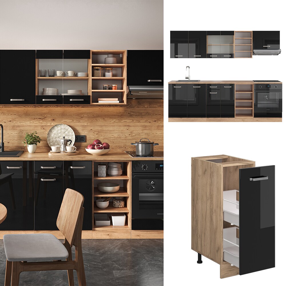 Vicco K&uuml;chenzeile R-Line Solid Eiche Schwarz 240 cm modern K&uuml;chenschr&auml;nke K&uuml;chenm&ouml;bel - Bild 1