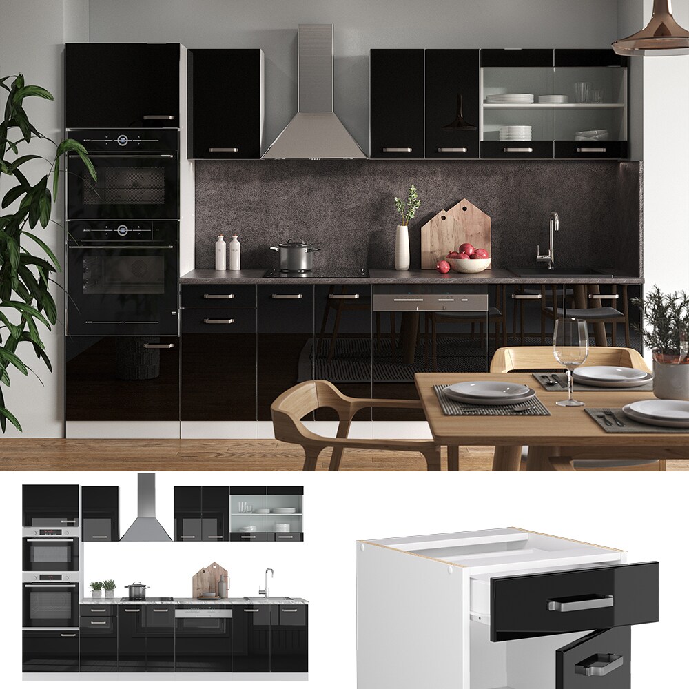 Vicco Küchenzeile R-Line Solid Weiß Schwarz 300 cm Arbeitsplatte modern Küchenschränke Küchenmöbel | 04066731345434