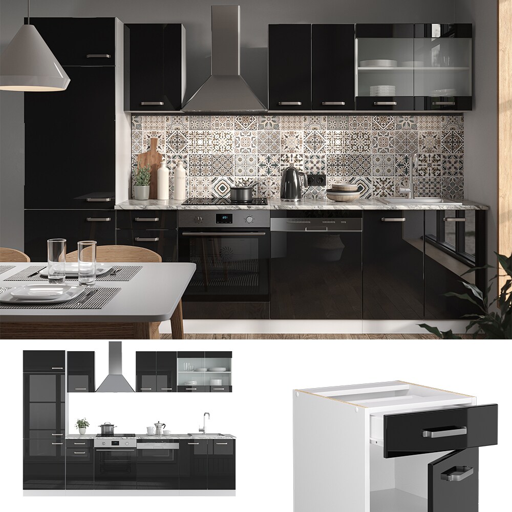 Vicco Küchenzeile R-Line Solid Weiß Schwarz 300 cm modern Küchenschränke Küchenmöbel | 04066731345458