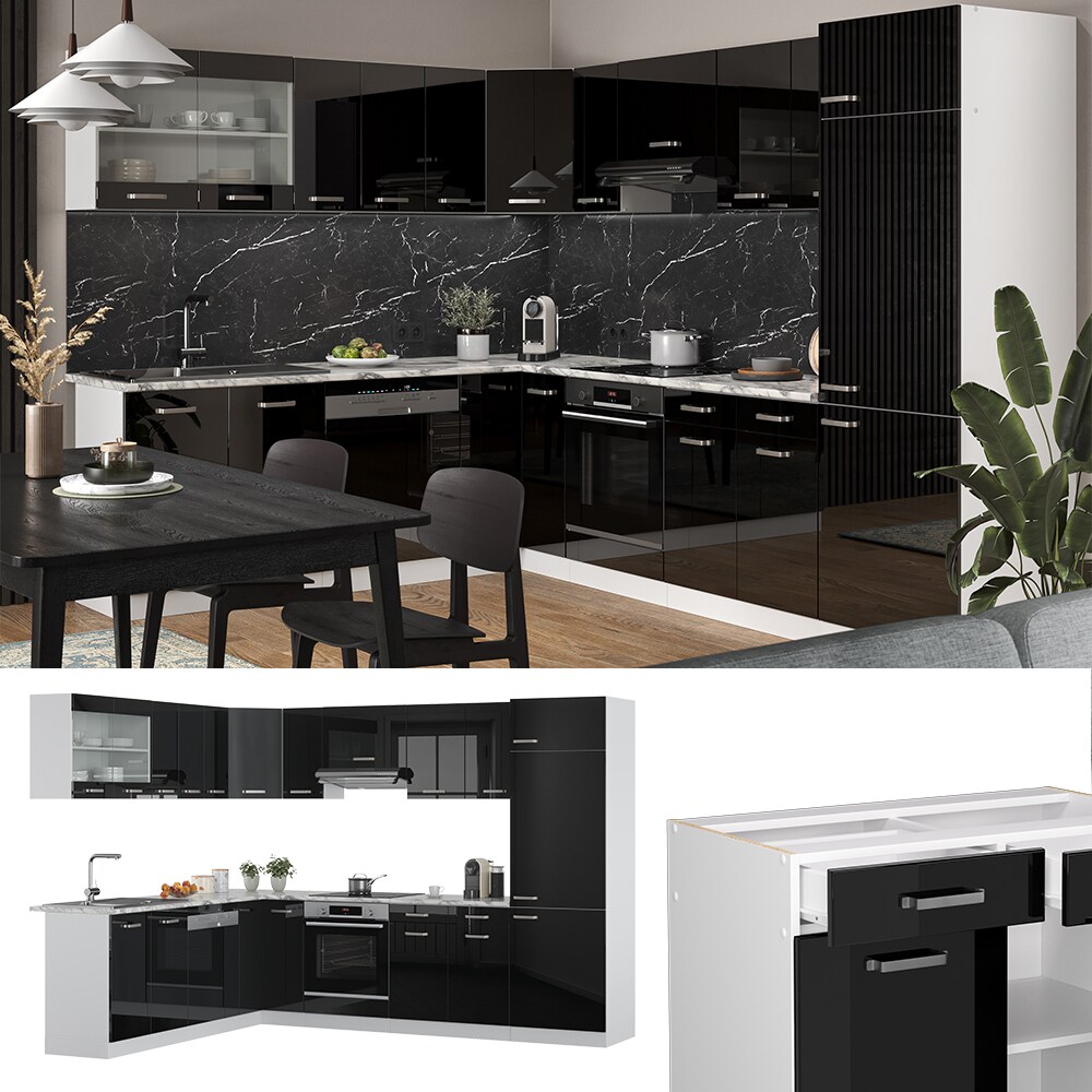 Vicco Eckküche R-Line Solid Weiß Schwarz 287×227 cm modern Küchenschränke Küchenmöbel | 04066731345472