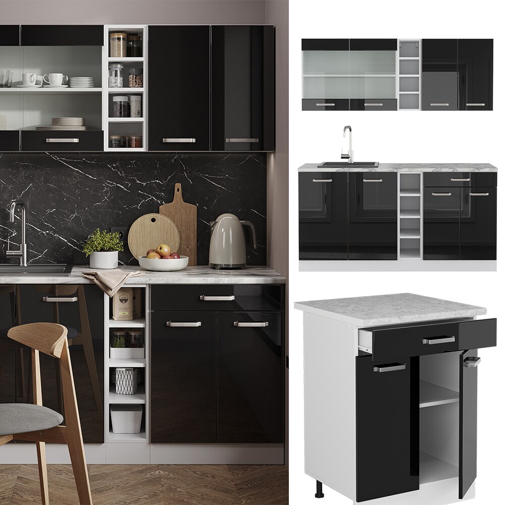 Vicco K&uuml;chenzeile R-Line Solid Wei&szlig; Schwarz 160 cm Arbeitsplatte modern K&uuml;chenschr&auml;nke K&uuml;chenm&ouml;bel - Bild 1