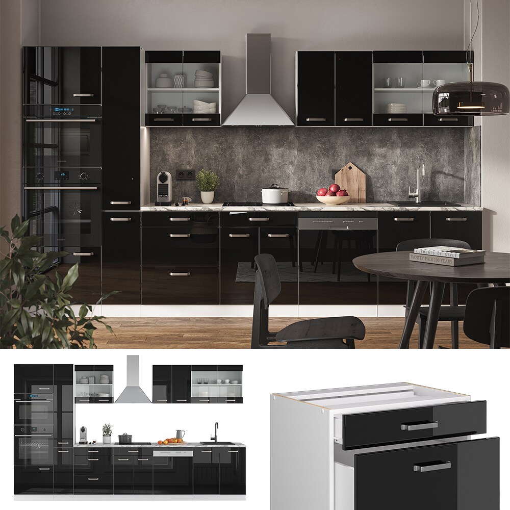 Vicco Küchenzeile R-Line Solid Weiß Schwarz 350 cm modern Küchenschränke Küchenmöbel | 04066731360031
