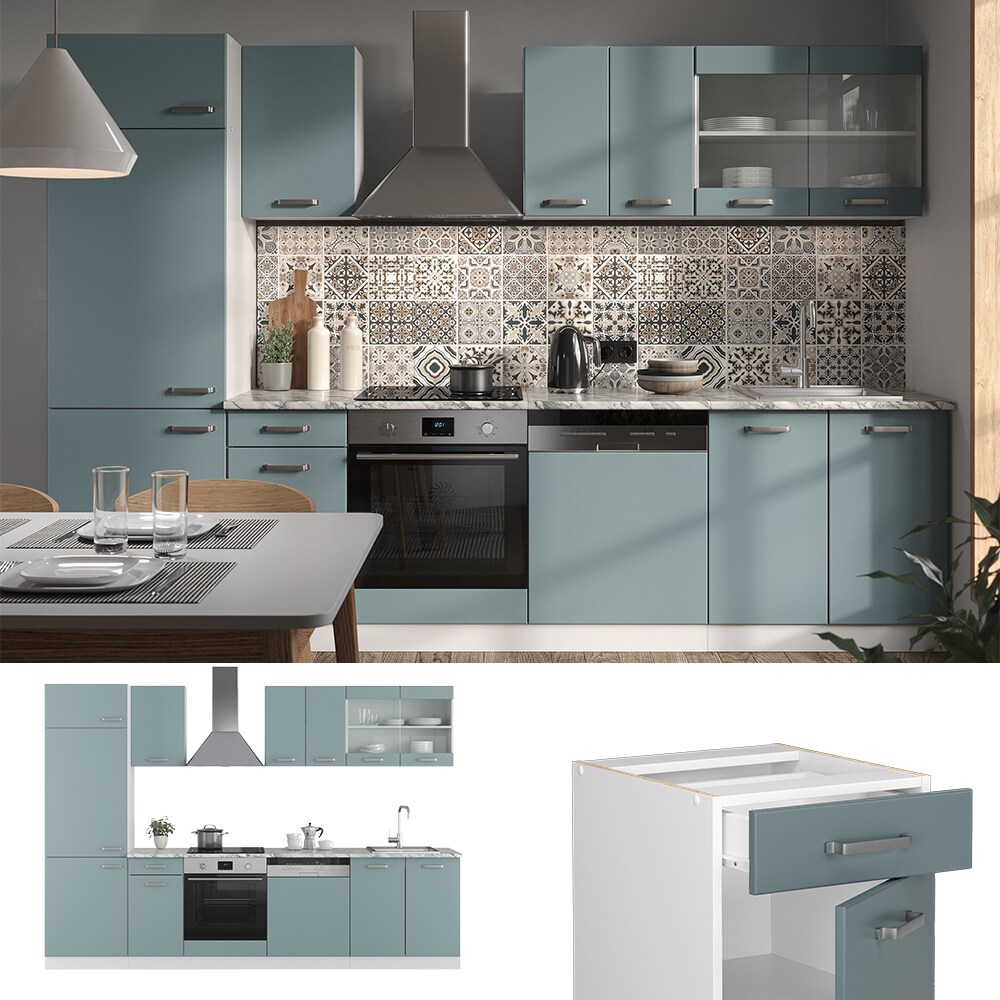 Vicco Küchenzeile R-Line Solid Weiß Blau Grau 300 cm Arbeitsplatte modern Küchenschränke Küchenmöbel