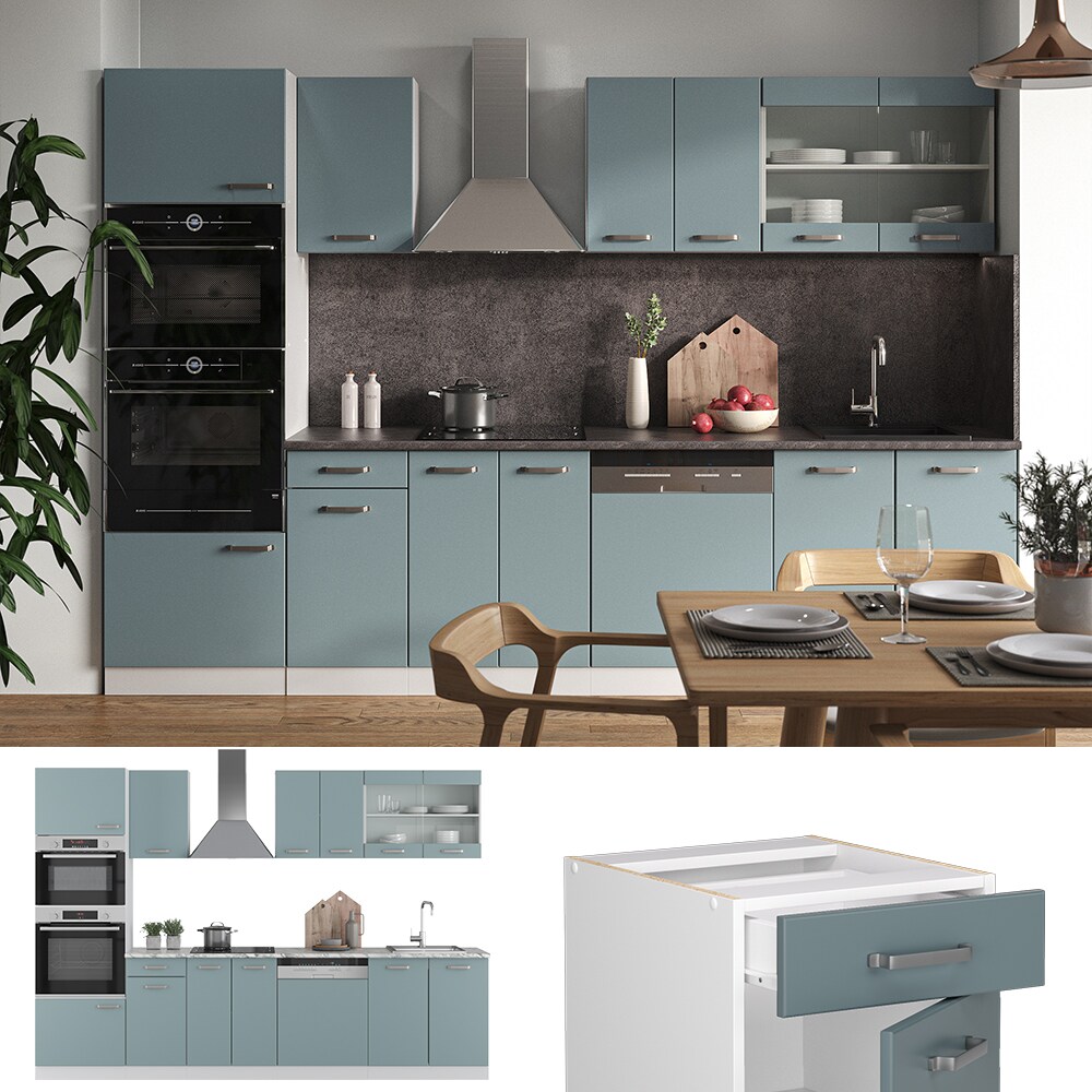 Vicco Küchenzeile R-Line Solid Weiß Blau Grau 300 cm Arbeitsplatte modern Küchenschränke Küchenmöbel