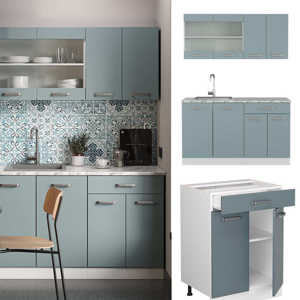 Vicco Küchenzeile R-Line Solid Weiß Blau Grau 140 cm Arbeitsplatte modern Küchenschränke Küchenmöbel