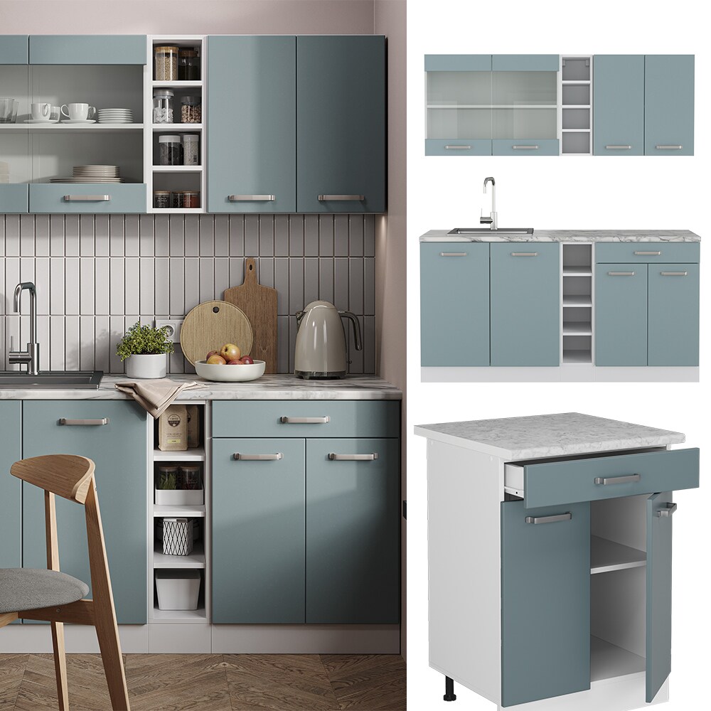 Vicco Küchenzeile R-Line Solid Weiß Blau Grau 160 cm Arbeitsplatte modern Küchenschränke Küchenmöbel