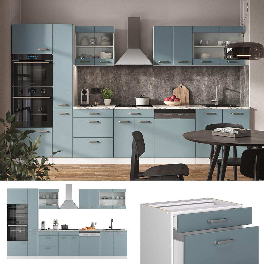 Vicco Küchenzeile R-Line Solid Weiß Blau Grau 350 cm Arbeitsplatte modern Küchenschränke Küchenmöbel