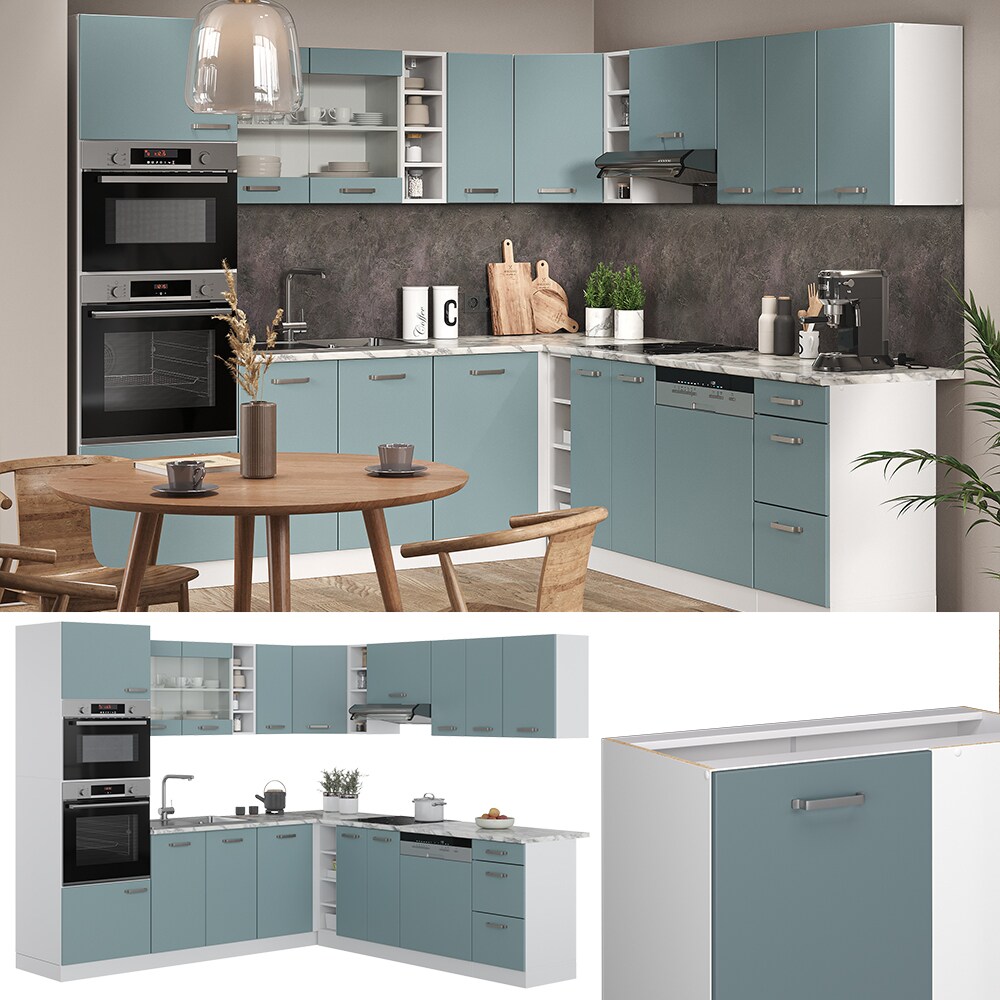 Vicco Eckküche R-Line Solid Weiß Blau Grau 247x237 cm Arbeitsplatte modern Küchenschränke Küchenmöbel