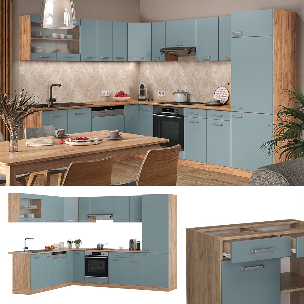 Vicco Eckküche R-Line Solid Eiche Blau Grau 287x227 cm modern Küchenschränke Küchenmöbel