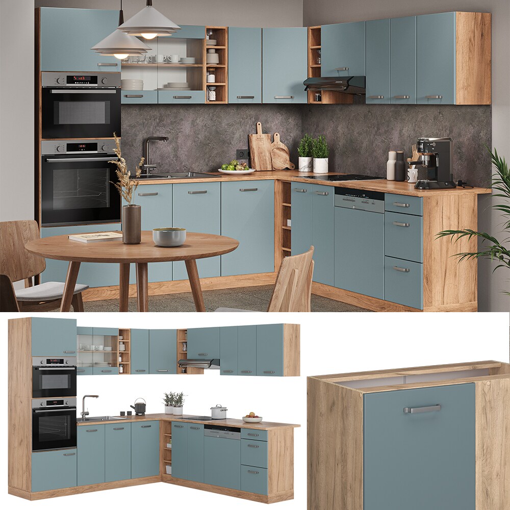 Vicco Eckk&uuml;che R-Line Solid Eiche Blau Grau 247x237 cm modern K&uuml;chenschr&auml;nke K&uuml;chenm&ouml;bel - Bild 1