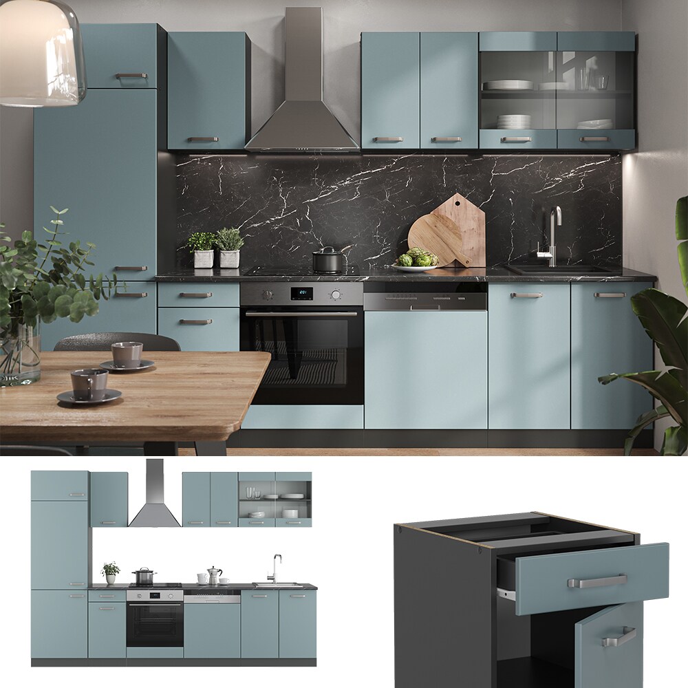 Vicco Küchenzeile R-Line Solid Anthrazit Blau Grau 300 cm modern Küchenschränke Küchenmöbel
