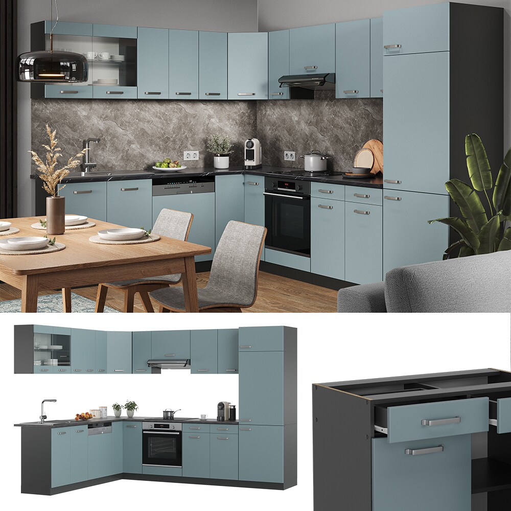 Vicco Eckküche R-Line Solid Anthrazit Blau Grau 287x227 cm modern Küchenschränke Küchenmöbel