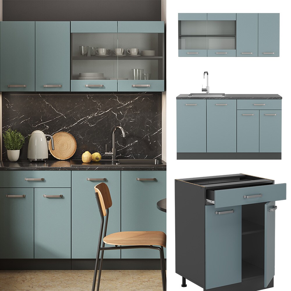 Vicco K&uuml;chenzeile R-Line Solid Anthrazit Blau Grau 140 cm modern K&uuml;chenschr&auml;nke K&uuml;chenm&ouml;bel - Bild 1