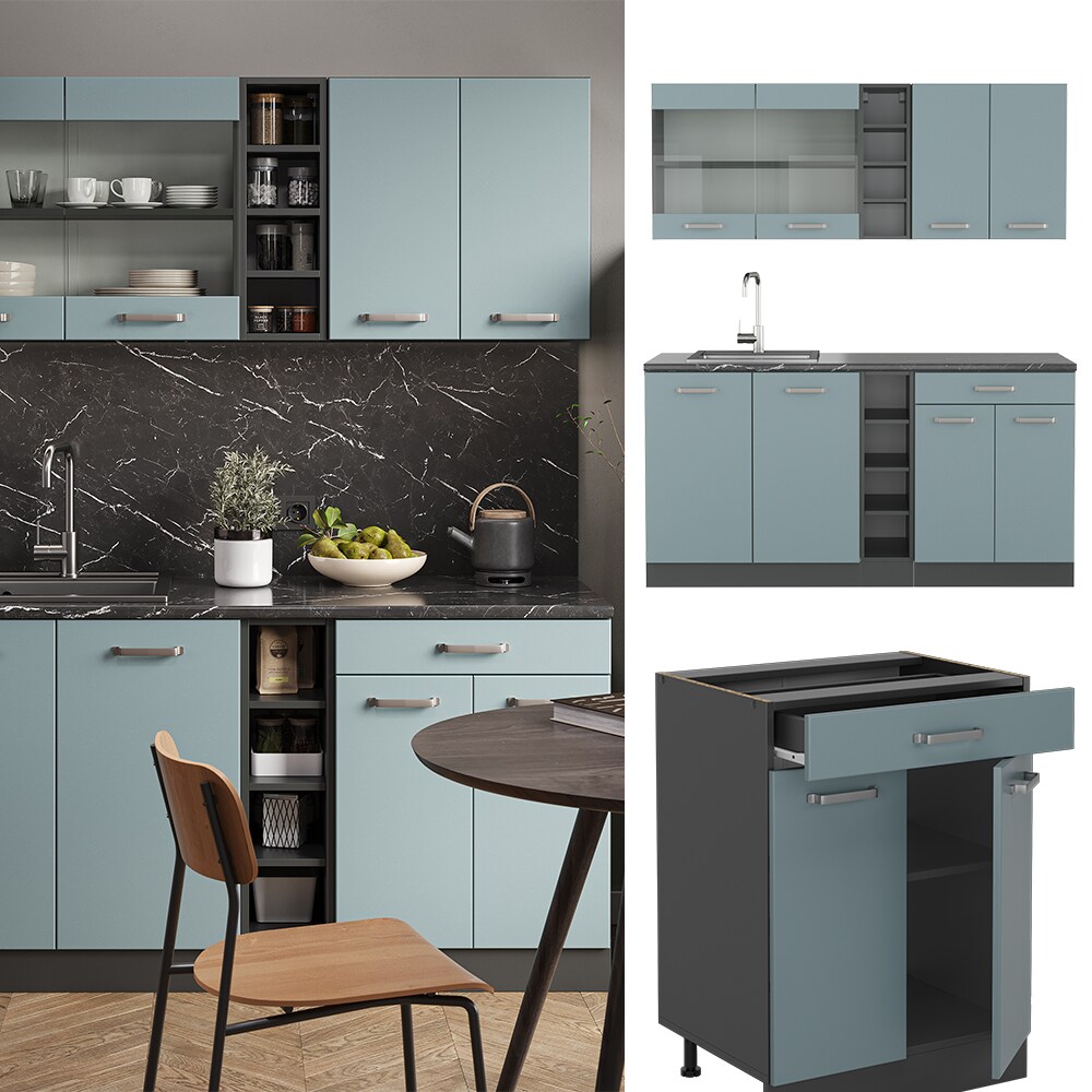 Vicco Küchenzeile R-Line Solid Anthrazit Blau Grau 160 cm modern Küchenschränke Küchenmöbel