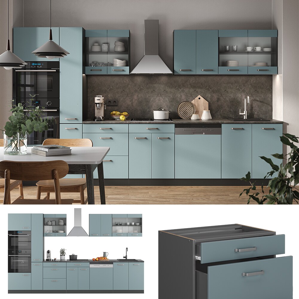 Vicco Küchenzeile R-Line Solid Anthrazit Blau Grau 350 cm modern Küchenschränke Küchenmöbel