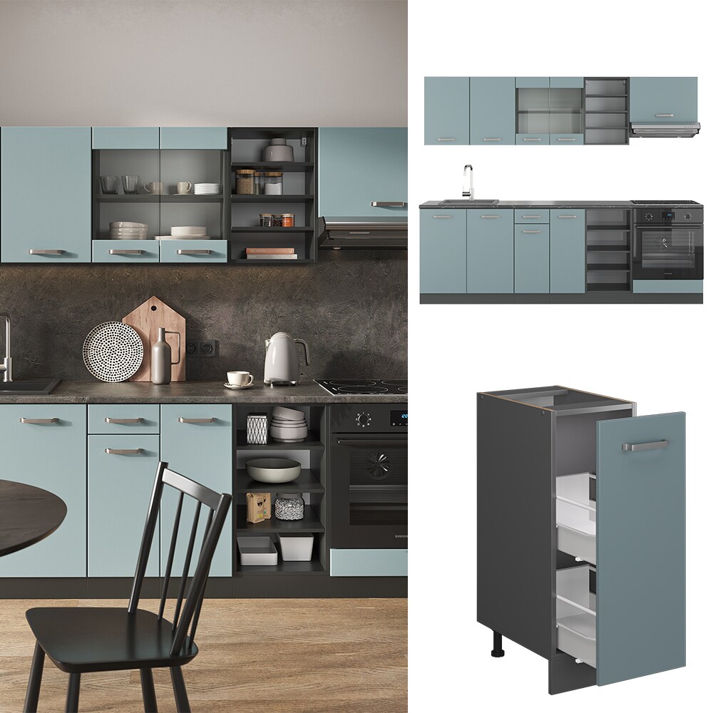 Vicco Küchenzeile R-Line Solid Anthrazit Blau Grau 240 cm modern Küchenschränke Küchenmöbel