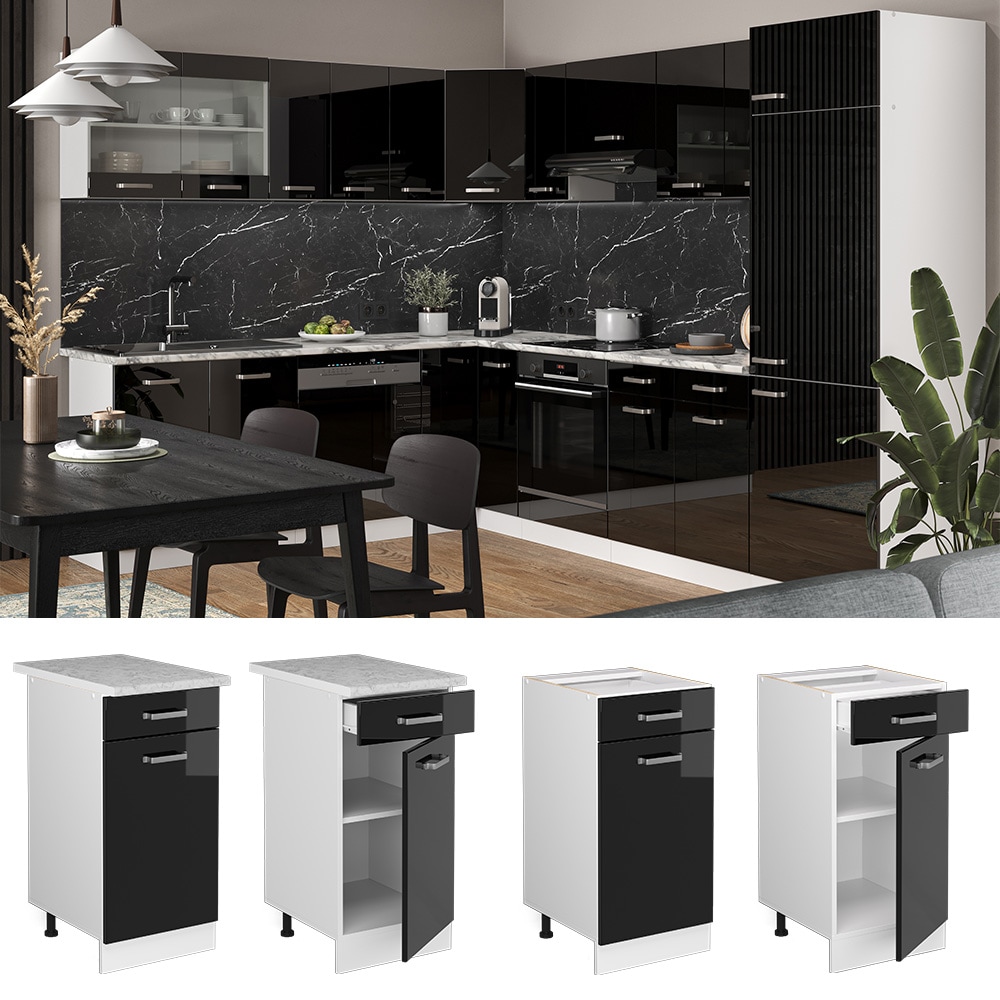 Vicco Schubunterschrank K&uuml;chenschrank R-Line Solid Wei&szlig; Schwarz 40 cm modern Arbeitsplatte - Bild 1